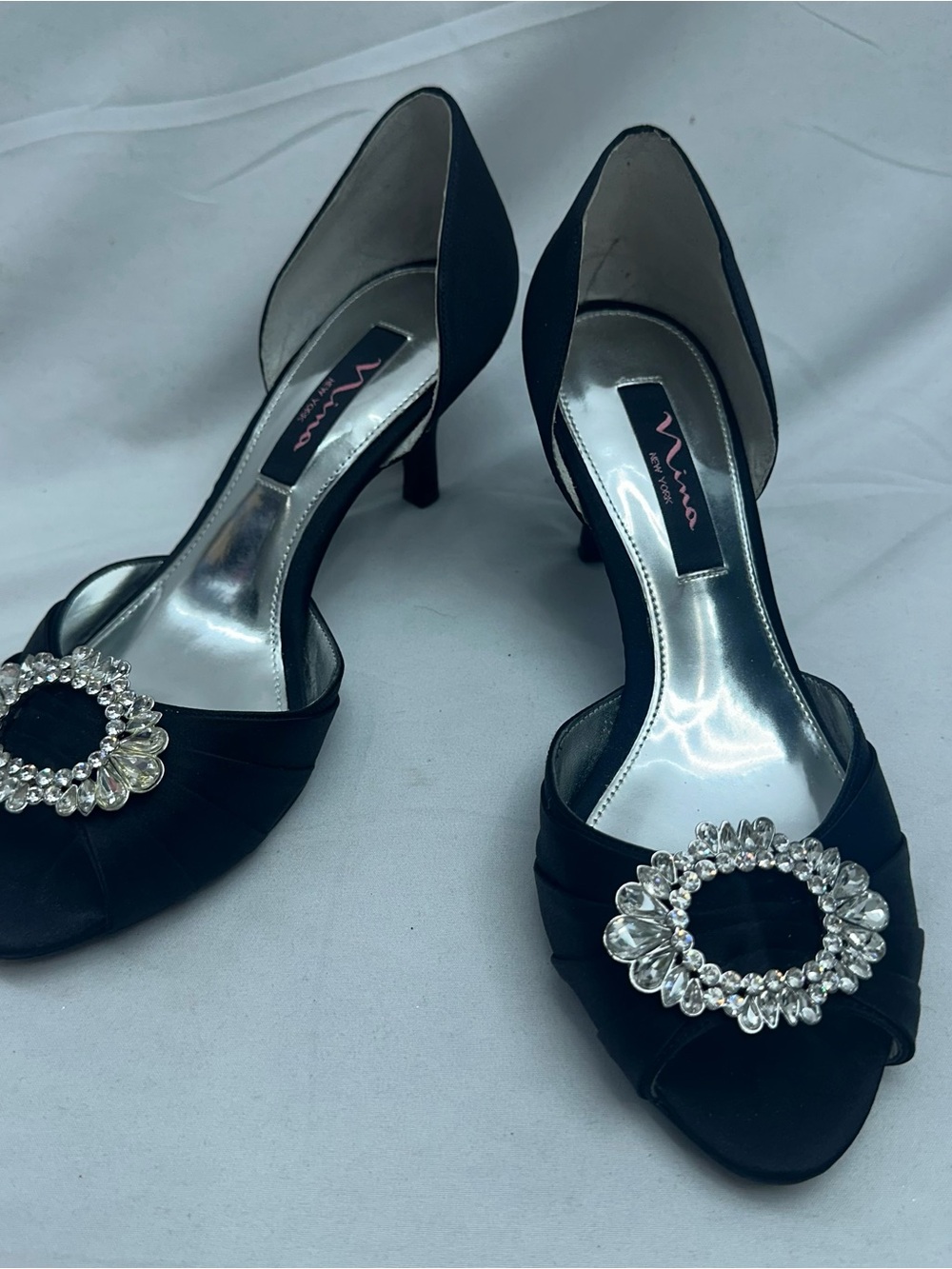 Nina Black Satin Like Open Toe Heels with Crystal Buckle 8